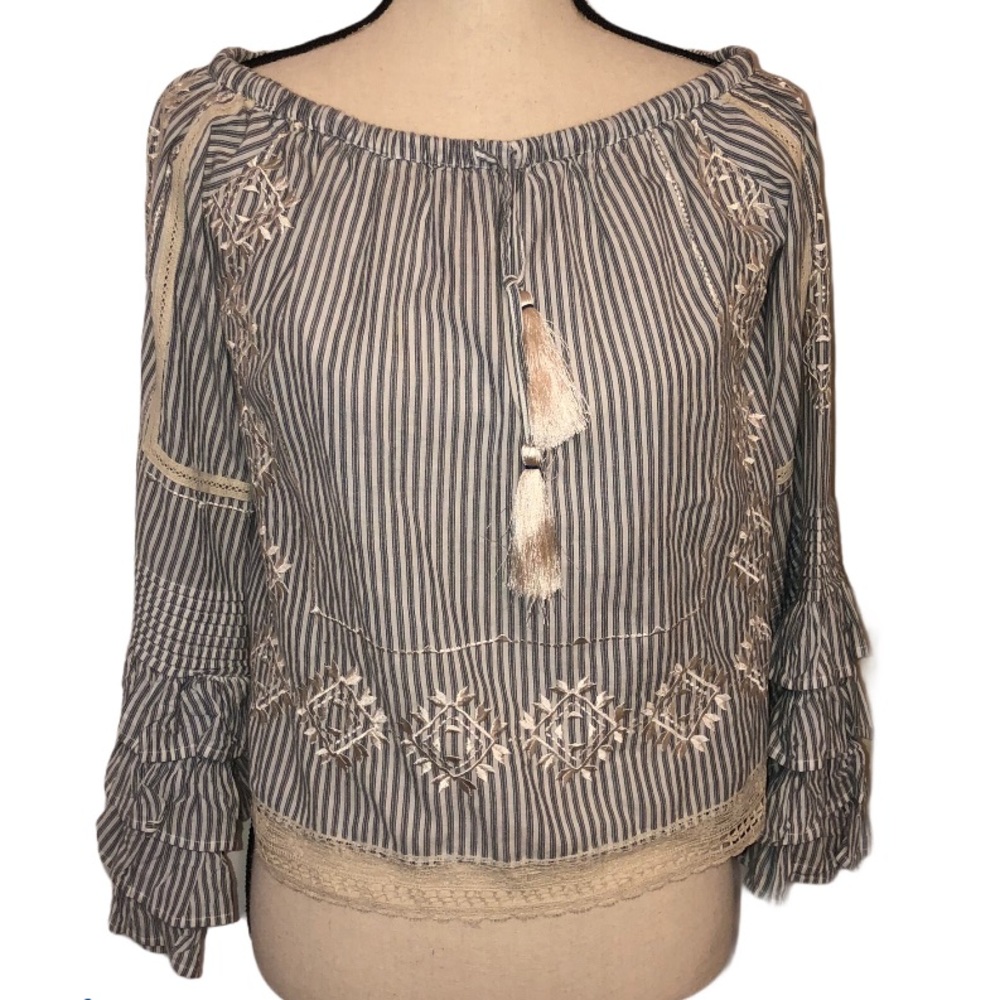 Love Sam embroidered blue white striped blouse XS